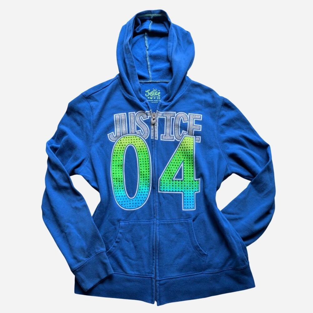 Iconic 2000's Justice Rhinestone Blue and Neon Zip Up with Heart Zipper Detail